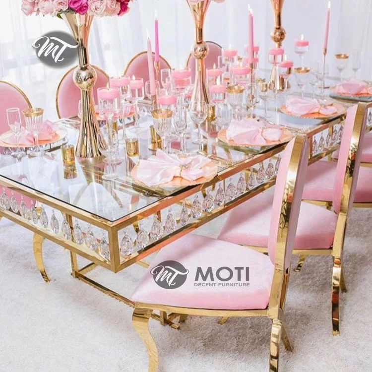 Light luxury gold metal stainless steel pink velvet fabric wedding chairs and tables for party catering rental