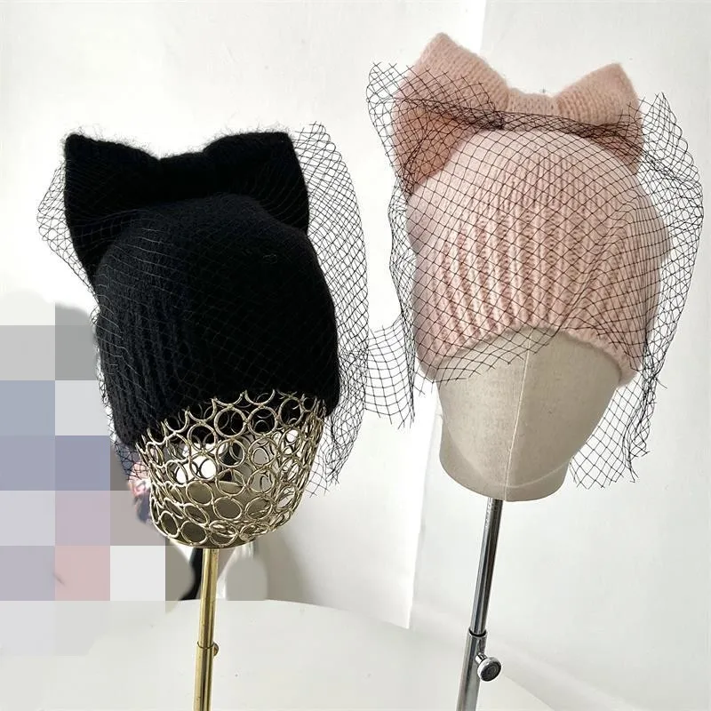 hot sell new fashion womans beanie winter hats Chunky Stretch Knitted Beanie Hat Skull Thick Ski hat with bowknot & mesh veil