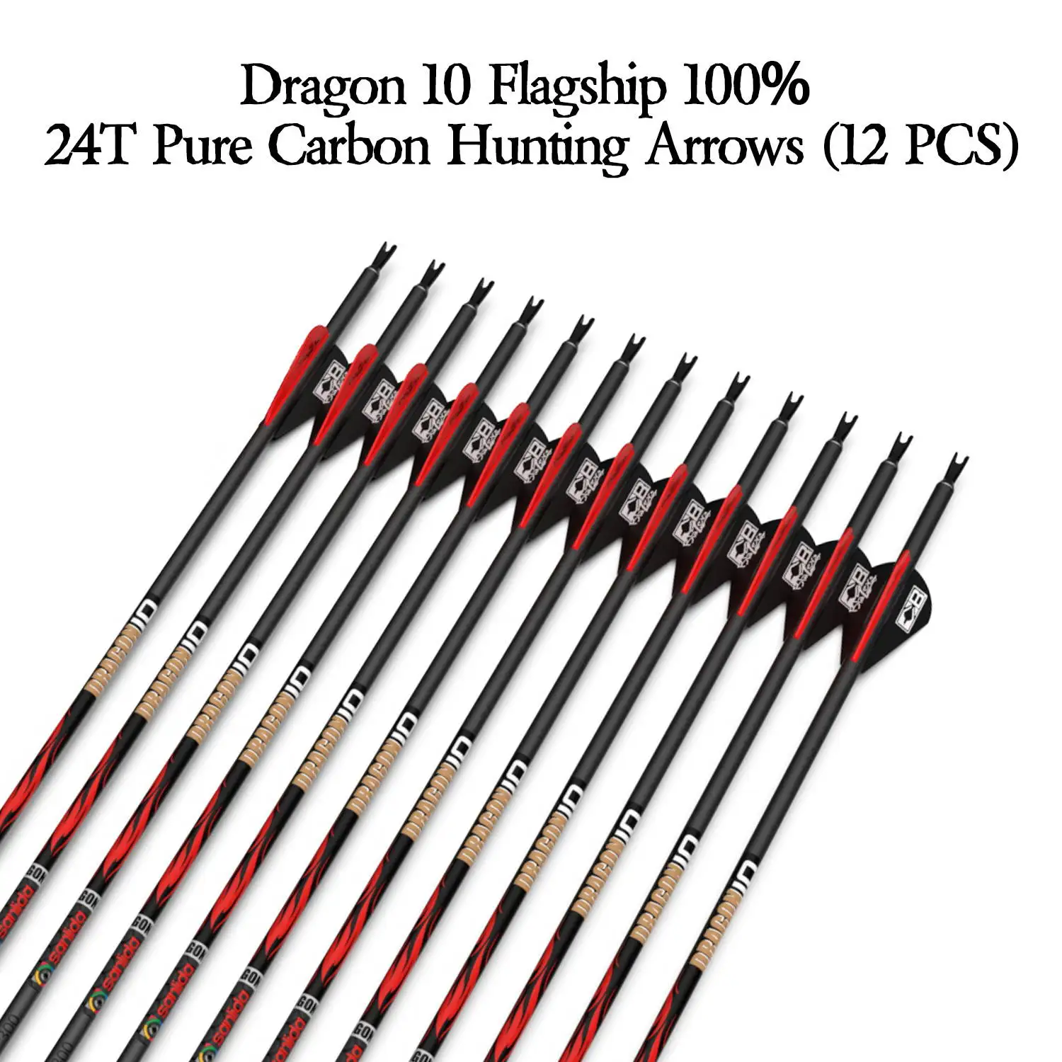 Sanlida Dragon 10 Carbon Arrows For Compound Bow Hunting Straightness 0.001 Multiple Spine Options 12pcs Pack