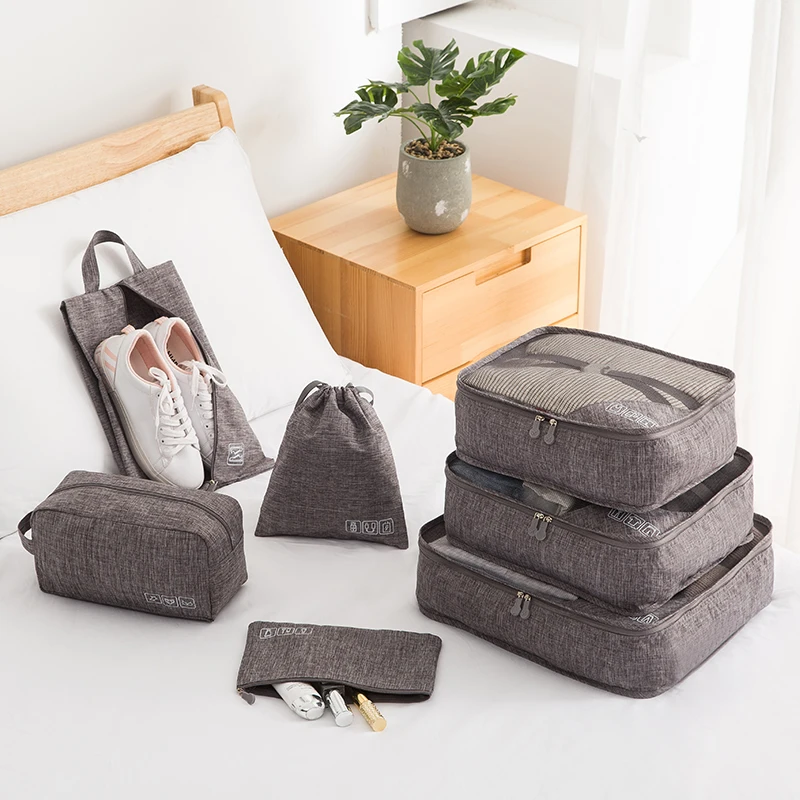 hot sale black 7pcs light weight travel bag set packing clothes shoe bag waterproof luggage organizer travel packing cubes