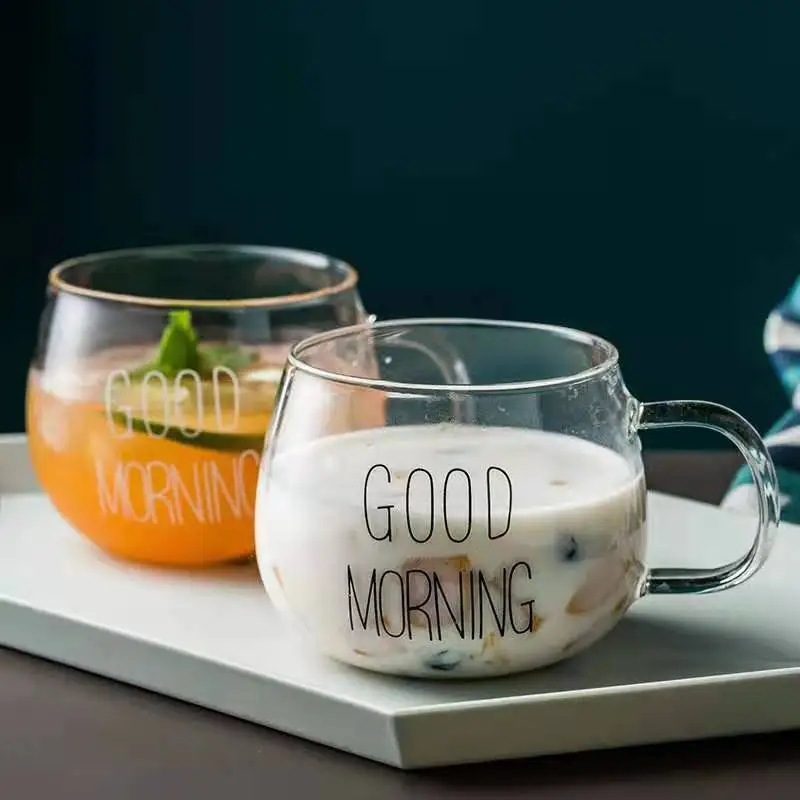 Good Morning Transparent Glass Cup Heat-resistant Coffee Milk Juice Tea Breakfast Mug Handle Couple Tasse