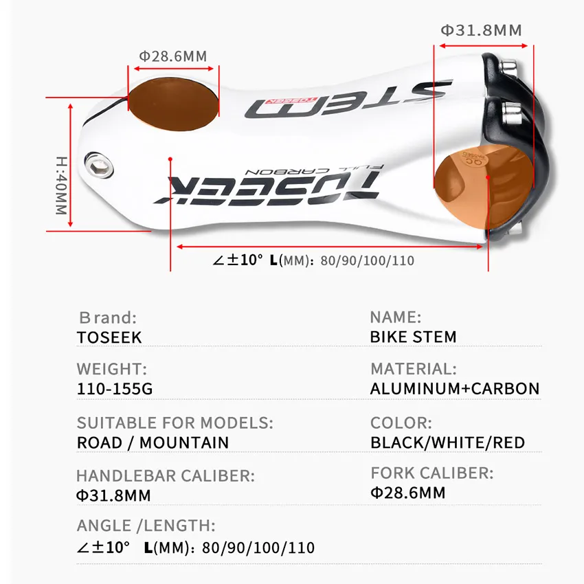 Original Production TOSEEK Red Black White 80/90/100/110mm 10 Degrees Carbon Stem Mtb Carbon Fiber Cycling Bike Stem Bike Parts