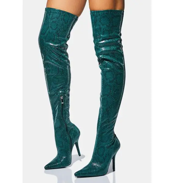 Fashion ladies stiletto high heels pointed toe winter long stretchy boots customize over the knee green snake thigh high boots