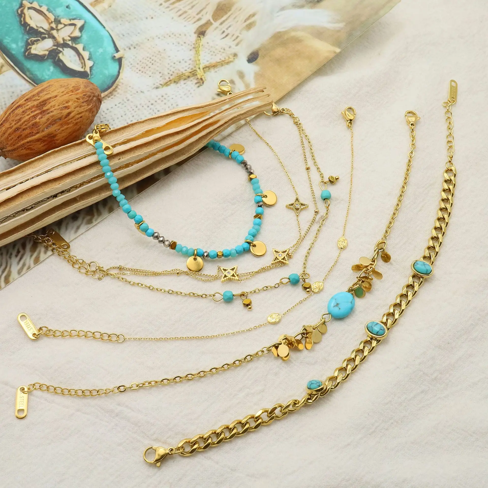 Stainless Steel Natural Stone Charm Bracelets Turquoise Pendant non fading 18 K gold versatile folding bracelet for women