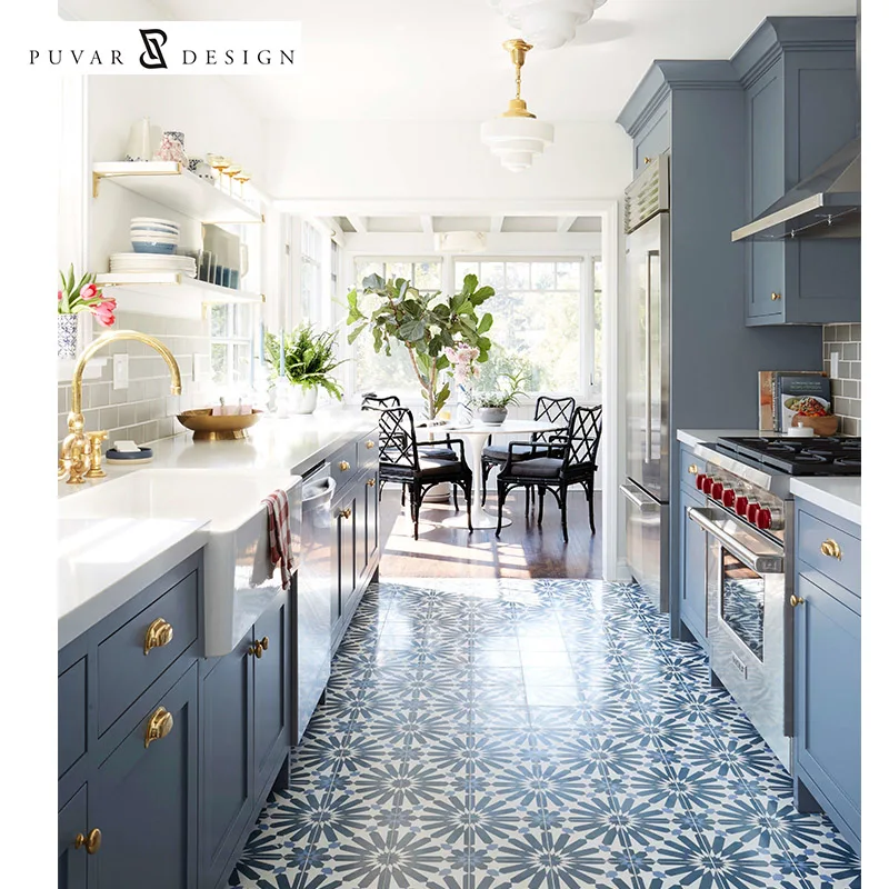 Custom modern light luxury american u shape navy blue wooden kitchen cabinets with island set