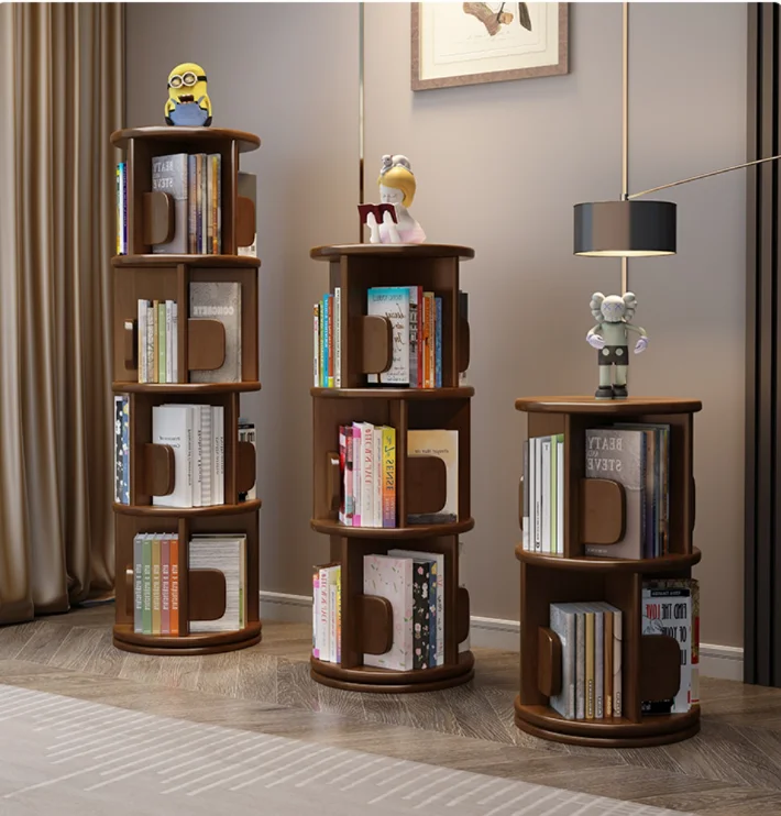 Modern Solid Wood Bookshelf Rubberwood Children Bookshelf Simple Small Rotating Bookcase Living Room Furniture 2-3-3 Tier Round