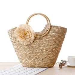 Hot selling bolsos vacation handbag with round handle Bohemia rattan beach bag floral basket straw bag