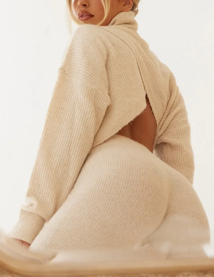 2022 New Fashion Party Knit Cross Back Crop Jumper Sweater Split Hem Leggings Knitted Suits Women 2 Piece Set