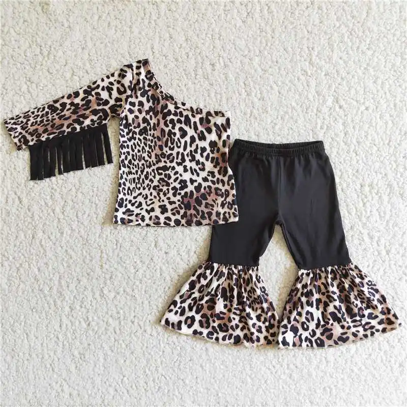 Fashion RTS baby girl clothes boutique kids clothing floral cow print one shoulder tassels girls western outfits girls sets