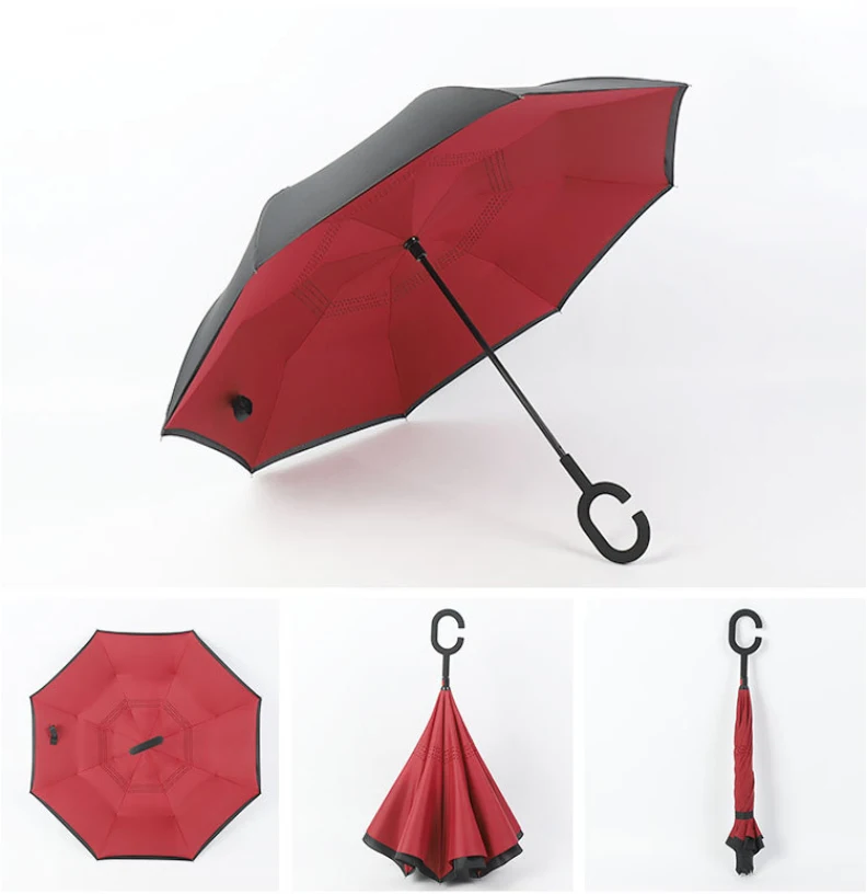 Customized Logo Creative Double Layer C Shaped Hand Free Reverse Umbrellas