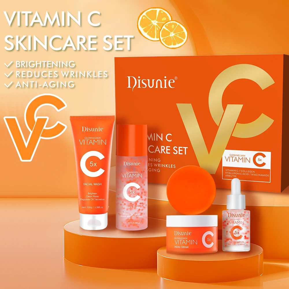 5 Pieces Vitamin C Brightening Skin Care Set With Collagen Anti Aging Anti-wrinkle Whitening Facial Skin Care Products Set