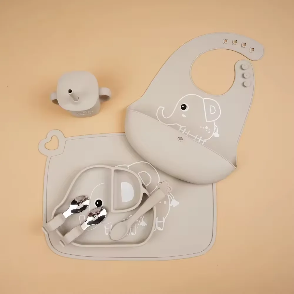 Hot Selling Easy To Wash Eco Food Grade Silicon Kids Elephant Plate Grey Baby Feeding Set