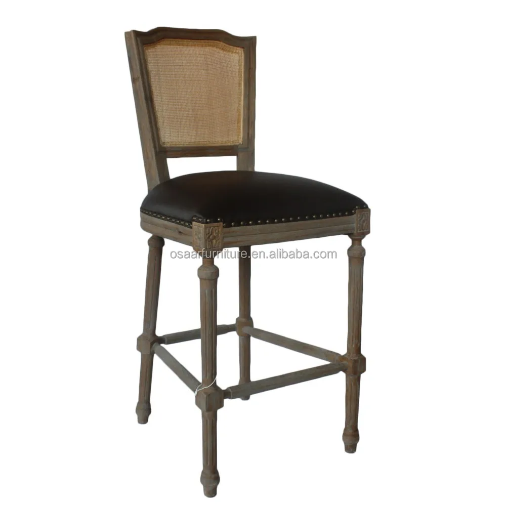 Wooden Bar Furniture Vintage American Cane Back Brown Leather Bar Stools