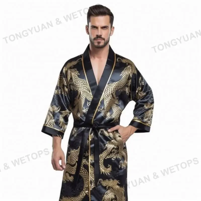 Mens Dragon Print Long Sleeve Satin Kimono Belted Robe Sleepwear With Shorts