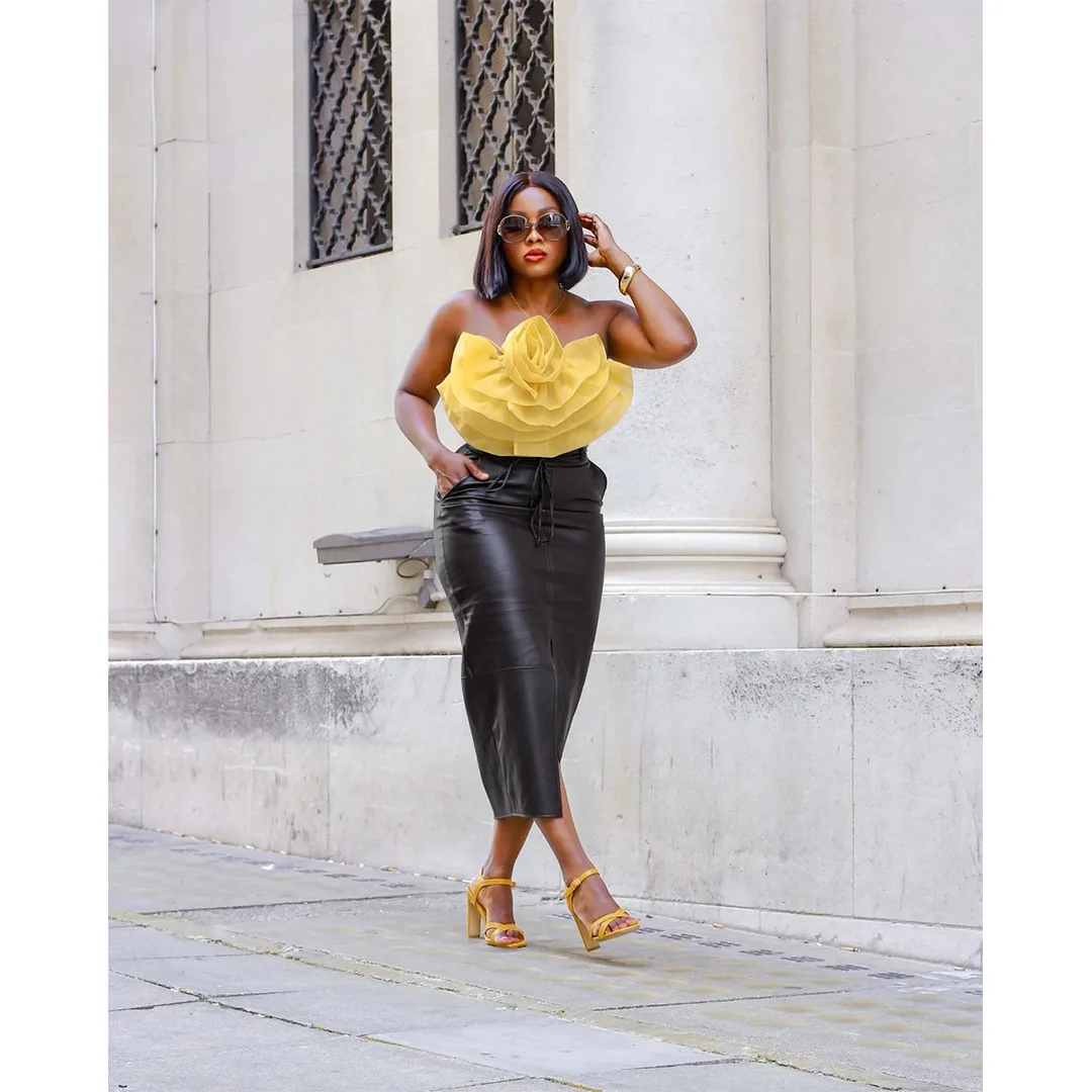 Think 2023 New Fall Women Clothing Trendy Drawstring Split Skirt Stretch Midi Leather Skirt for Ladies