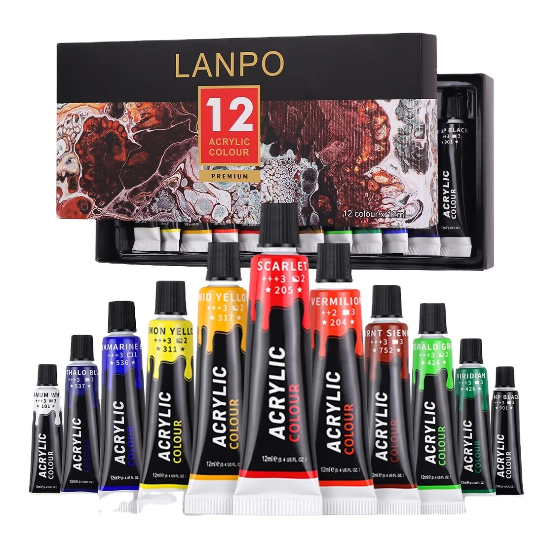 Professional 12-Color Acrylic Paint Set Wall Textile Shoes Nail Art Hand Painted DIY Toxic Glass OEM Packaging-for Canvas Paper