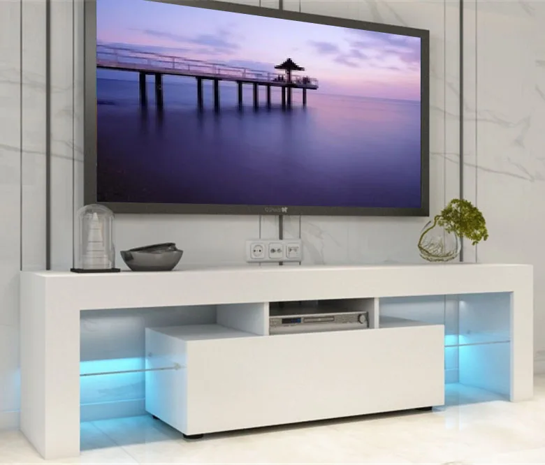 Hot Selling Modern TV Stand White High Gloss Wood TV Unit with LED lighting