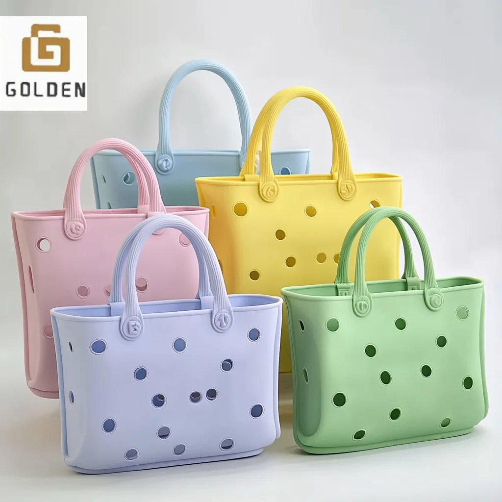 Golden Wholesale Fashion Hot Factory Waterproof Eva Silicone Summer Rubber Handbags Custom Logo Canvas Women Tote Bag