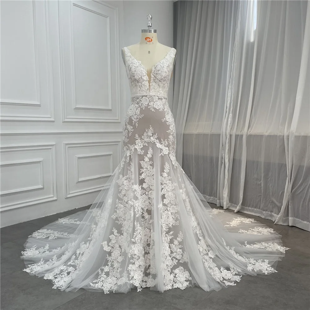 Women Mermaid Sleeveless Sequins Lace Champagne Detachable Belt Wedding Dress