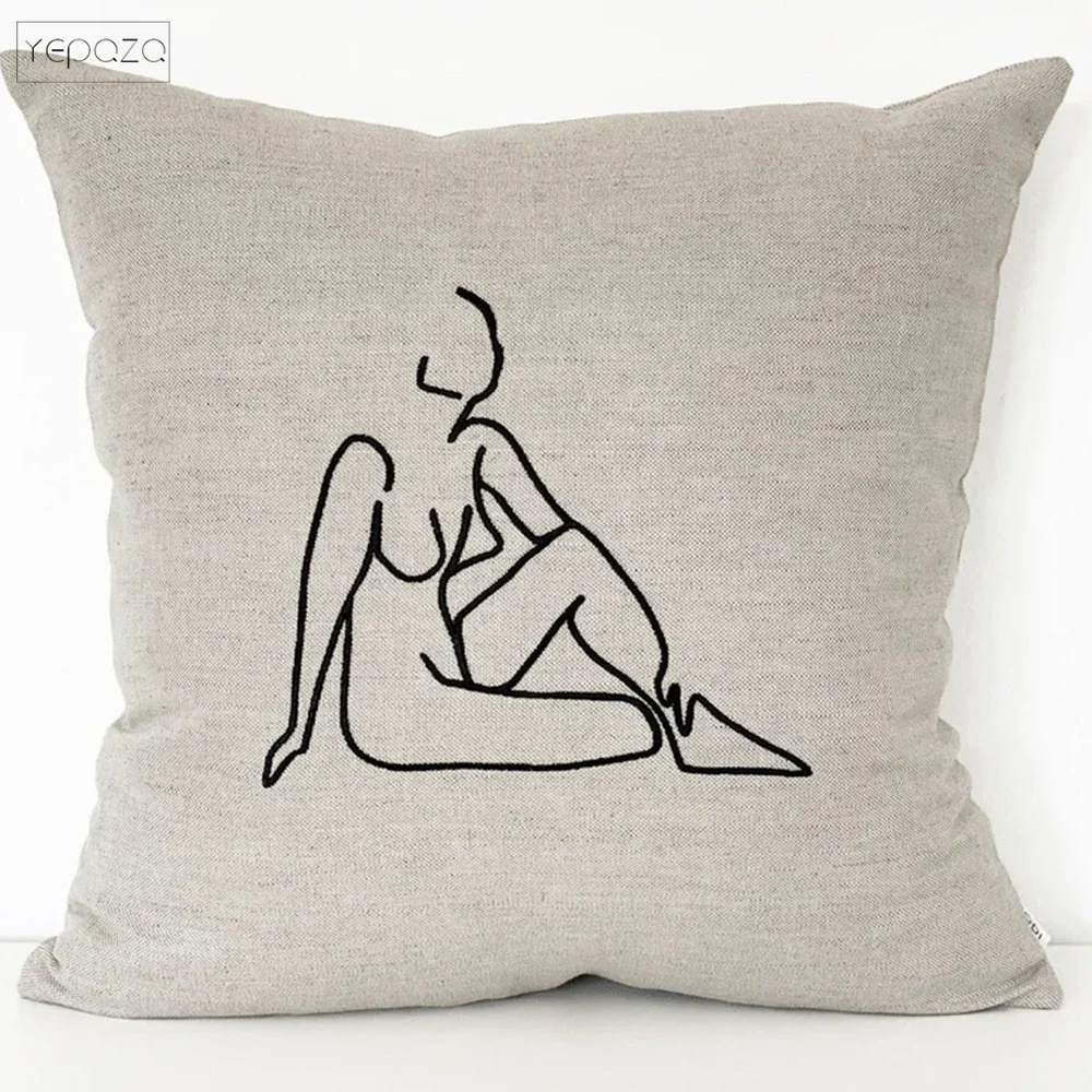 Line Art Cushion Decor Embroidered Linen Cushion Cover Natural Pillow Cover