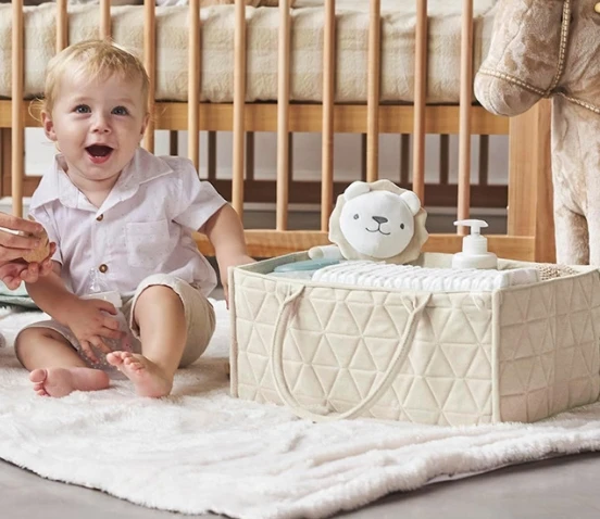 Fashionable Portable Baby Diaper Organizer Soft Nursery Storage Basket with Logo Pattern Hanging Tote for Crib & Bed Mommy Baby