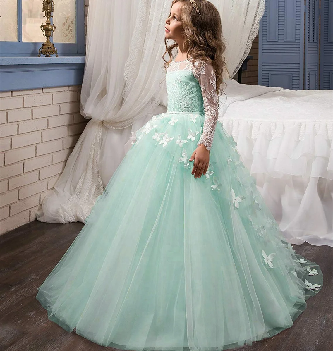 Long sleeve with Lace Lovely apple green puffy Flower Girl Dress