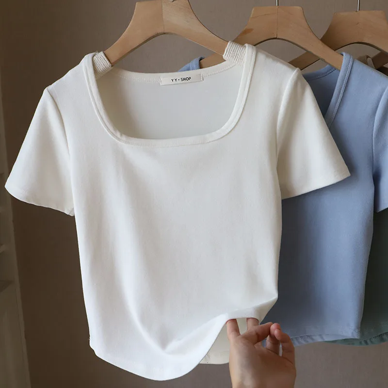 Hot selling wholesale custom logo moletom Cotton square neck t shirt sexy  Slim Crop Top T Shirts For Girls
