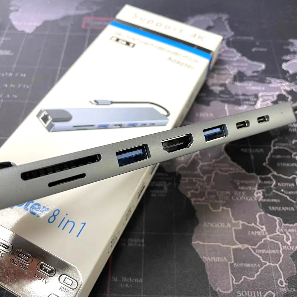 Wholesale USB C Hub Multiport Adapter 8 in 1 Docking Station USB C to HDTV 4K TF SD Card Reader USB3.0/2.0 USBC PD LAN
