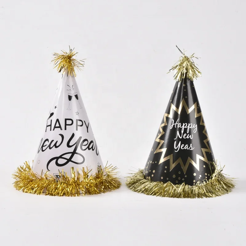 Happy New year Party paper hats decoration party hats with tinsel fancy holiday celebration paper cone party hats