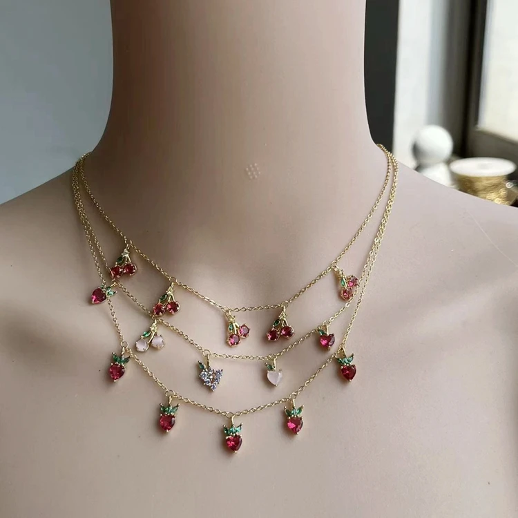 Korean minimalist design 18K gold plated inlay cute colorful zircon peach cherry fruit pendant necklace for women jewelry