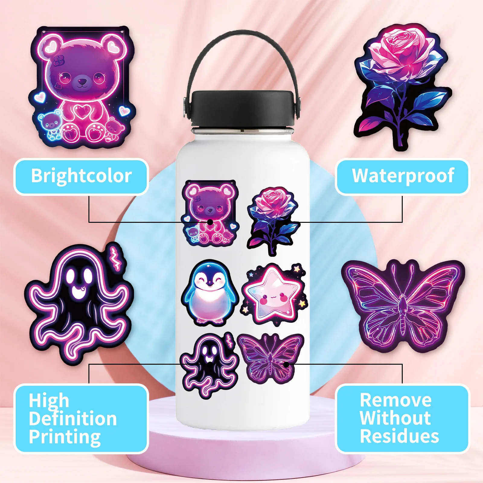 50Pcs Cute Cartoon Night Neon Graffiti Stickers For Bottle Wall Decor Children Bedroom Decor Toy Sticker