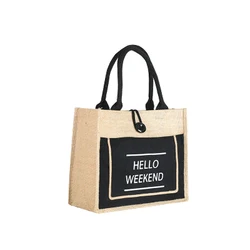 manufacturer recycle natural burlap linen shoulder tote jute bag with hello weekend