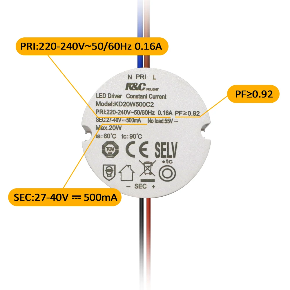 KC Factory Wholesale IP20 Full Power Series LED Power Supply 20W Lighting transformers AC 220-240V Led Driver