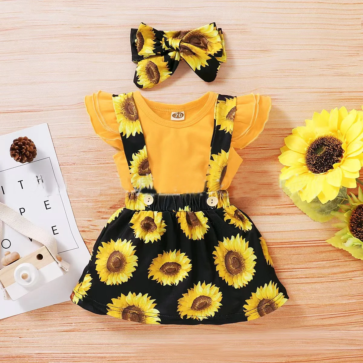 Ins Chiffon Bow Suit Sunflower Head Flower Baby Back Dress Two-Piece Wholesale