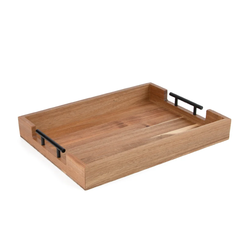 High Quality Wooden Serving Tray With Metal Handle Rectangle Acacia Wood Tray For Home Restaurant Hotel