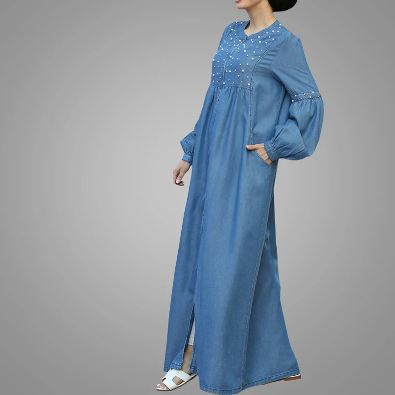 Джинсовое мусульманское платье с буффами на рукавах