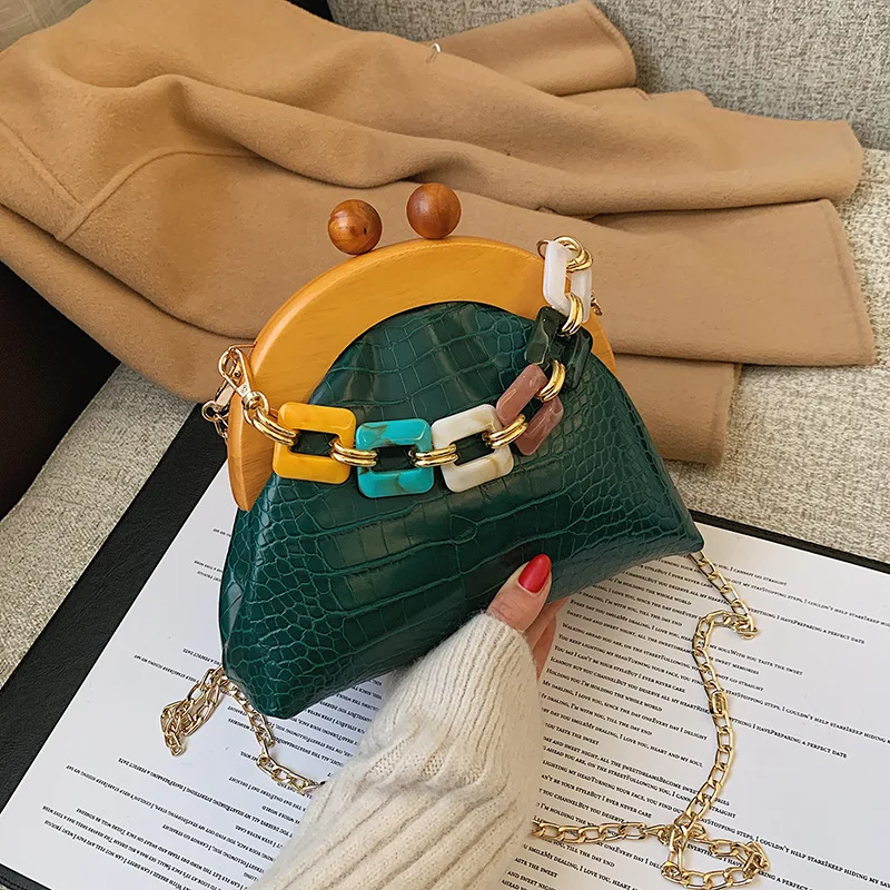 Fashion Shoulder Mini Bags Small Purse Vegan Pu Leather Wooden Handle Pearl Premium Chain Office Handbags For Women
