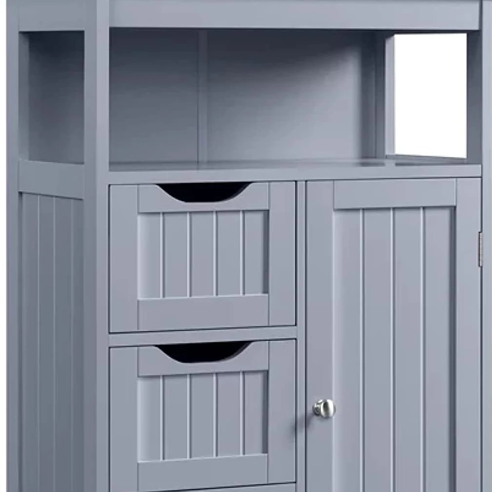 bathroom floor cabinet, wooden freestanding storage cabinet, side storage organizer with 1 cupboard and 3 drawers