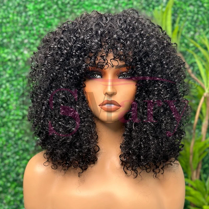 Cheap SDD super double drawn 100% human hair vendors afro kinky curl 300% density short fringe wigs with for black women