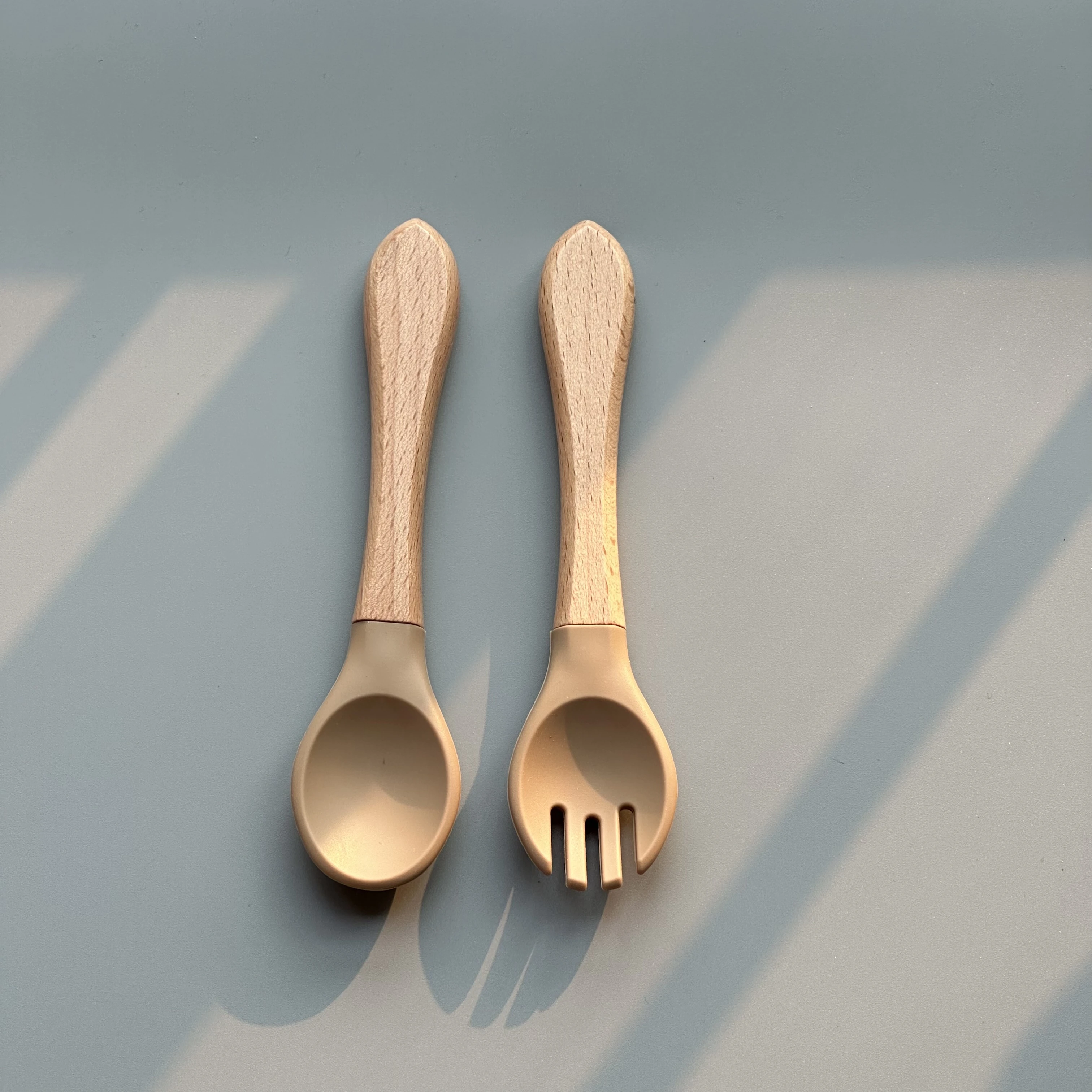 Baby food-grade silicone spoon and fork baby eating spoon children silicone wooden handle spoon tableware