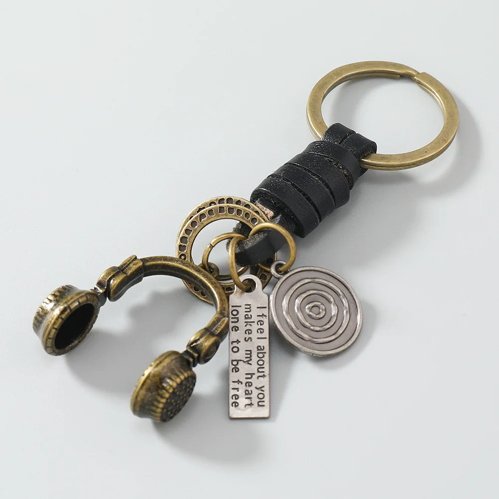 Fashion 3D Music Headset Keychain Bronze Alloy Retro Punk KeyChain Braided Cowhide Rope Leather Keychain Handbag Car Key Chains