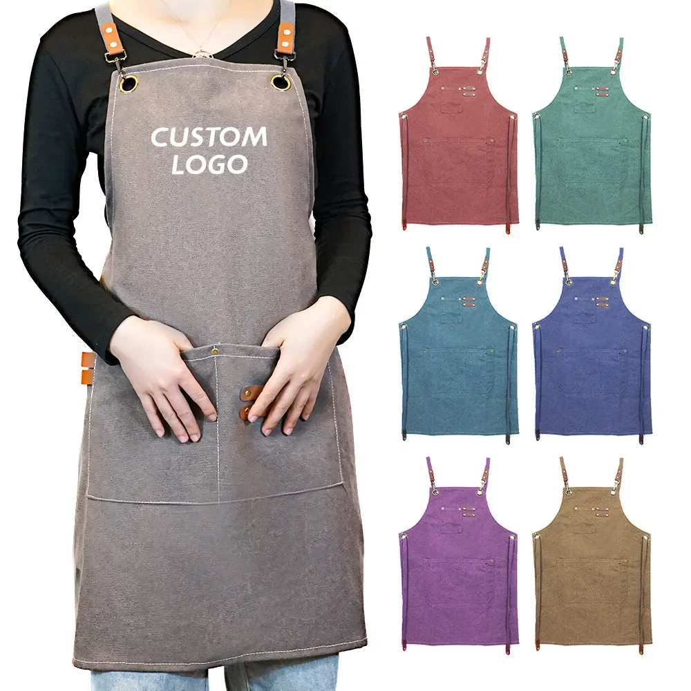 New Arrival Bar Coffee Shops BBQ Home Kitchen Pure Cotton Black Green Grey Red Western-Style Bib Apron with pockets