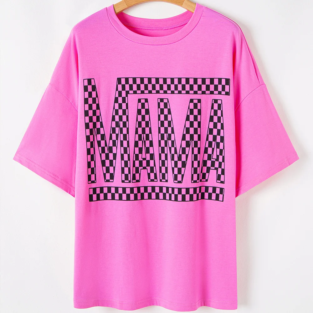 SWODART Bright Pink Checker MAMA Letter Printed Graphic Plus Size T Shirt