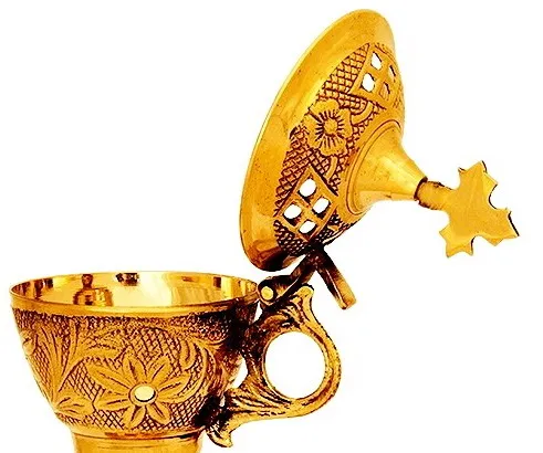 Brass Gold  Incense Burner with Cross and 4 Pillars- Flip Top