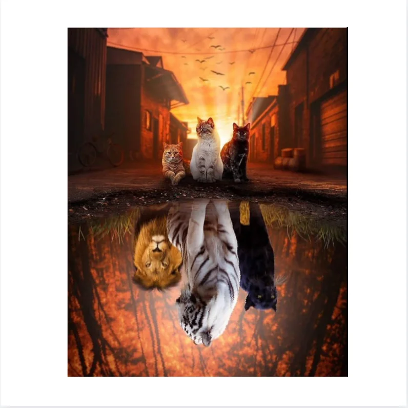 L-085 5D Cat And Tiger Reflection 5d Diamond Painting  kits Animal  European Style Inspirational Wall Art Diamond Painting