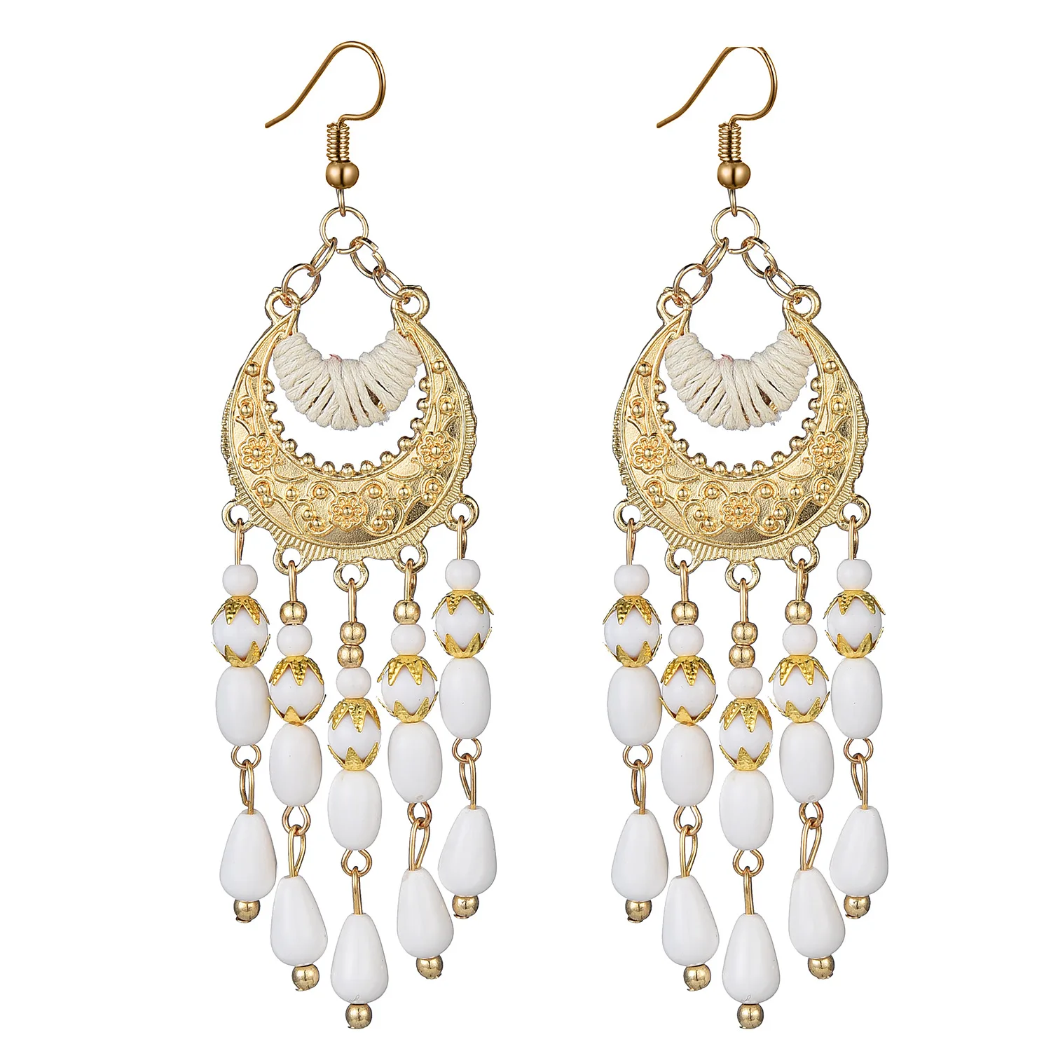 Zircon Jewelry Bohemian Holiday Style Alloy Gold Plated Carved Handmade Beads Party Huggie Tassels Long Earrings for Women