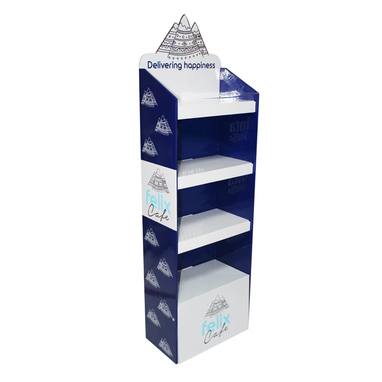 Custom Blue White Product Display Rack Folding Pop Up Paper Corrugated Floor Cardboard Display Stand