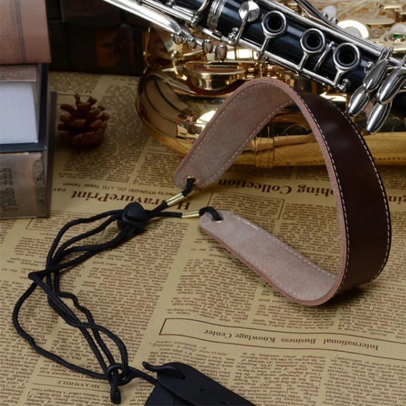 Adjustable Genuine Leather Saxophone Neck Strap Durable Clarinet Strap Single Shoulder Tenor Saxophone Belt