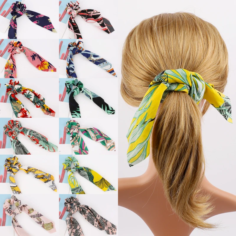 Wholesale Hair ribbon Hair Ties Long ponytail Printed Satin Scrunchies for hair Accessories