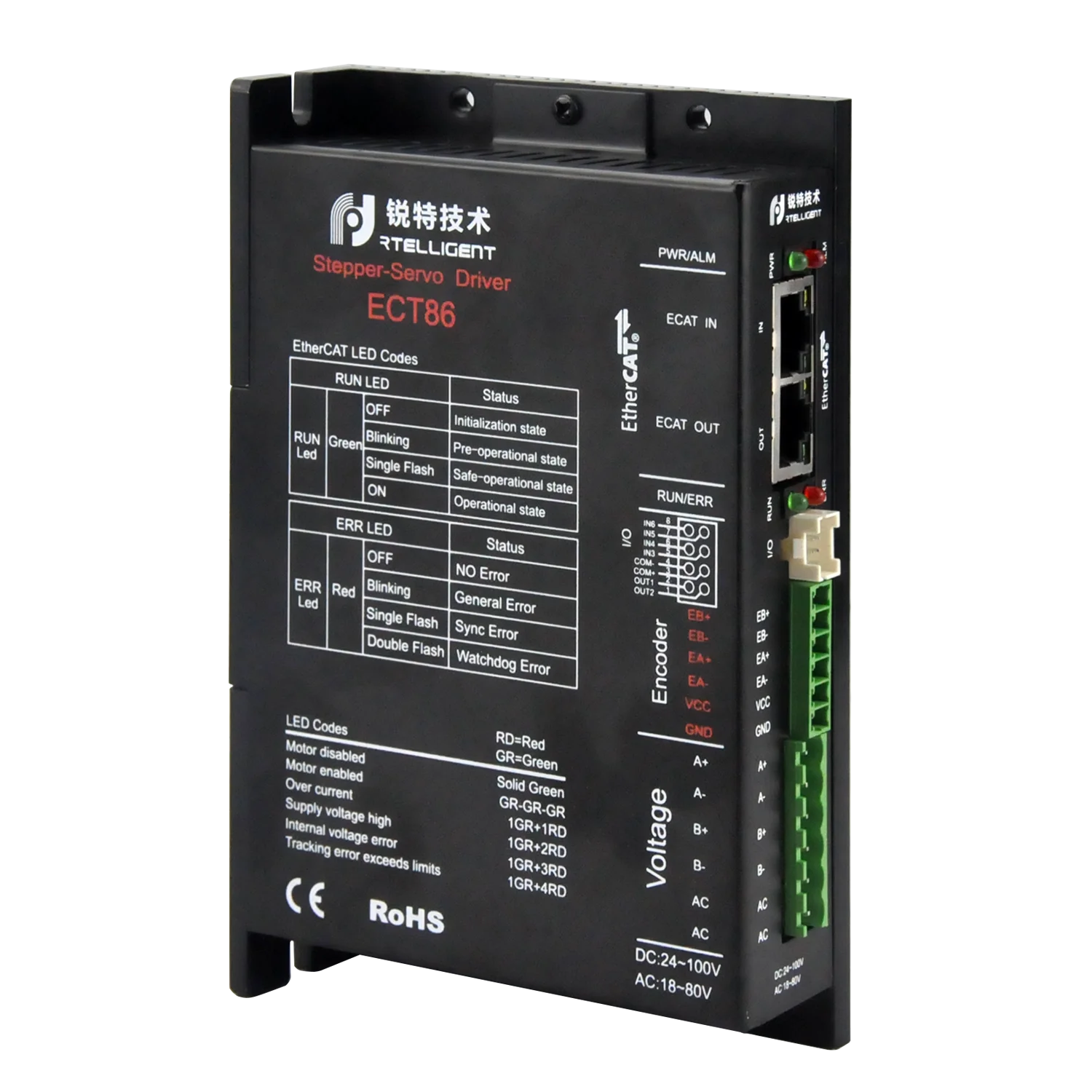 Rtelligent ECT86 EtherCAT Stepper Driver Nema 34 Closed Loop 24-100VDC 18-80VAC for 2/3Phase support PP PV CSP CSV HM mode